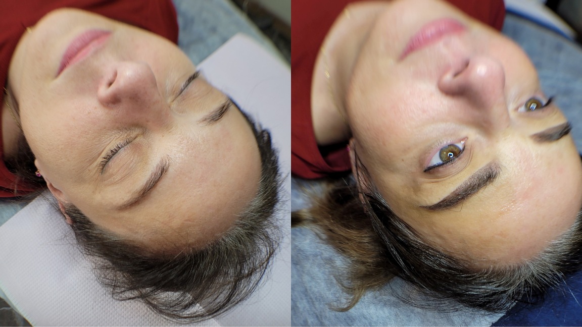 Makijaż permanentny brwi wykonany w salonie kosmetycznym Klinika Piękna. Porównanie przed i po zabiegu